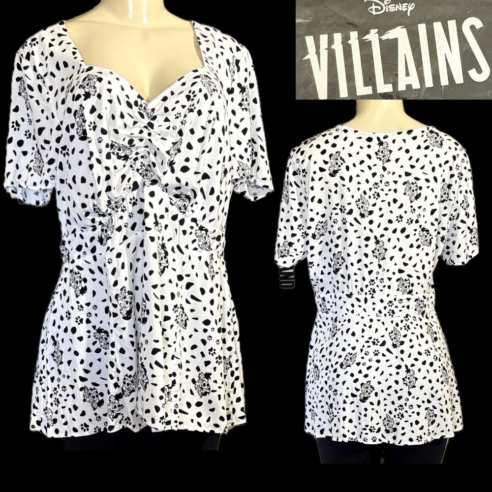 Disney Villains Cruella De Vil Dalmatian Peplum White Black Short Sleeve Top L